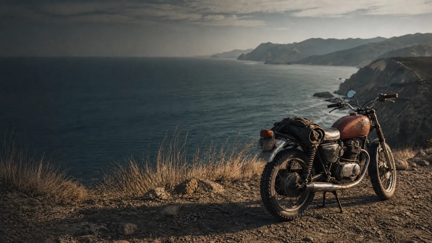 Vintage motorcycle resting above a rugged coastline