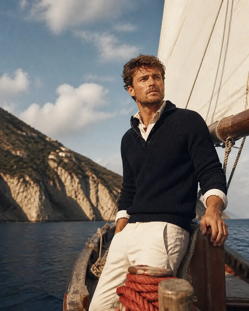Figure in a dark sweater standing at the bow of a sailboat